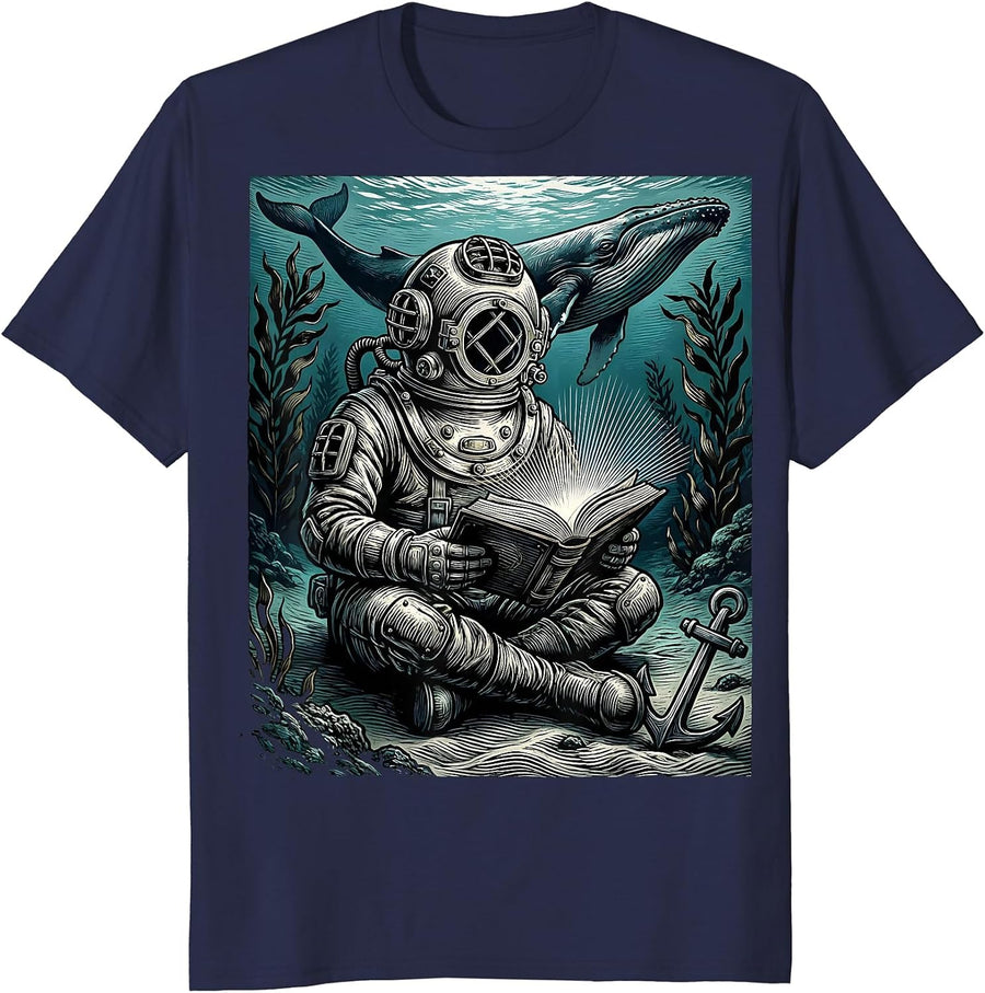 Deep Sea Diver Reading Book Underwater Art T-Shirt - Navy Blue