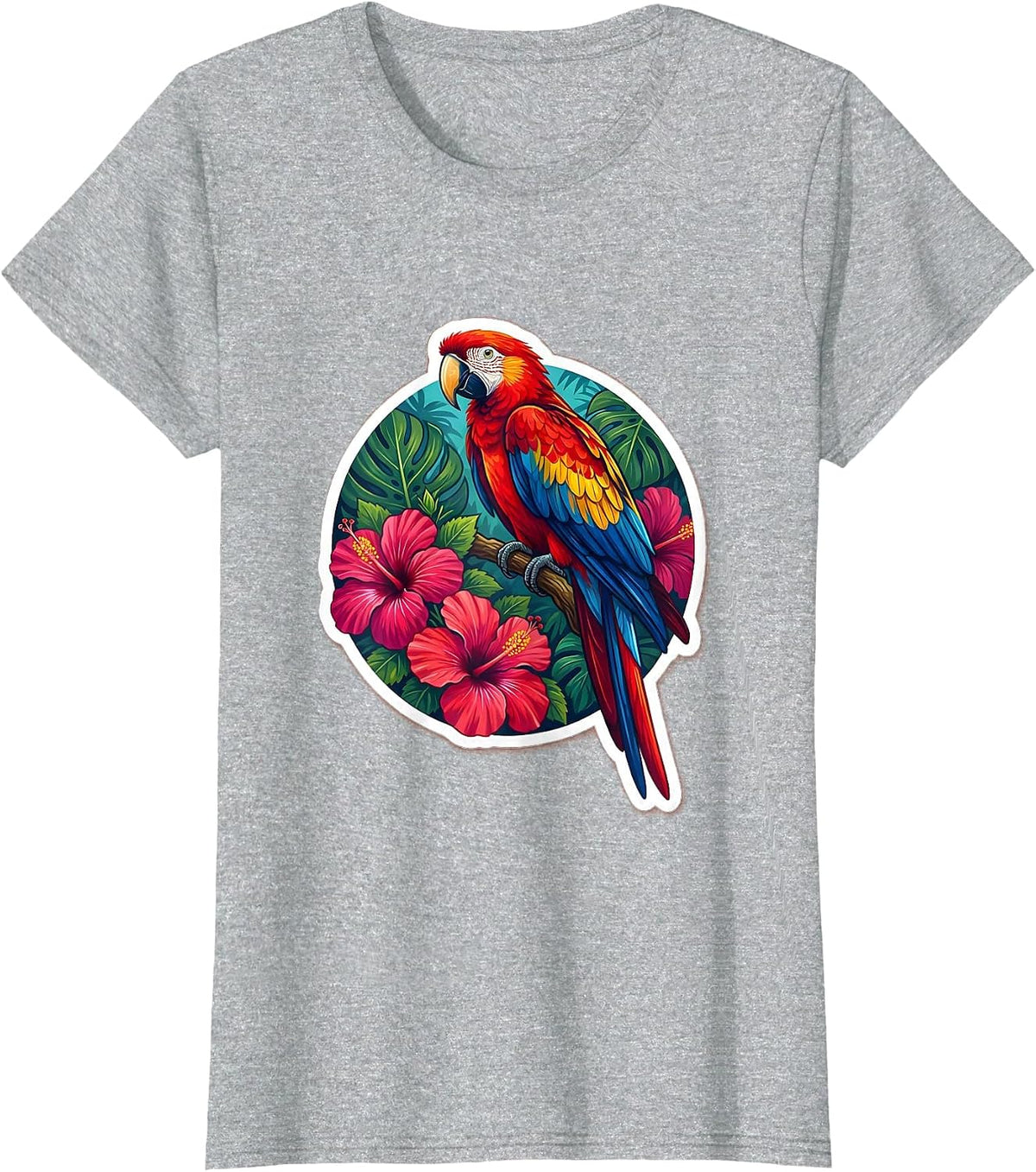 Colorful Parrot Hibiscus Mexican Floral Art T-Shirt - Heather Grey