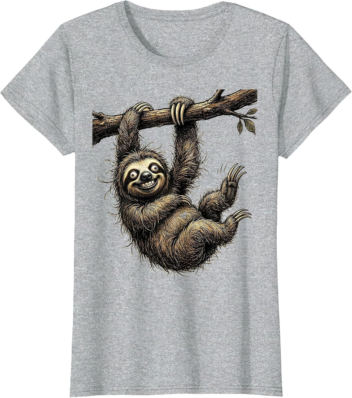 Derpy Sloth Hanging Upside Down Waving T-Shirt - Heather Grey