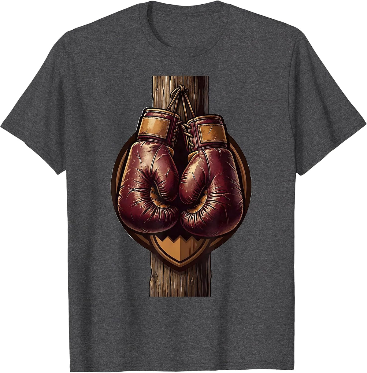 Men's Vintage Boxing Gloves Hanging on Wooden Post T-Shirt - Dark Heather Grey