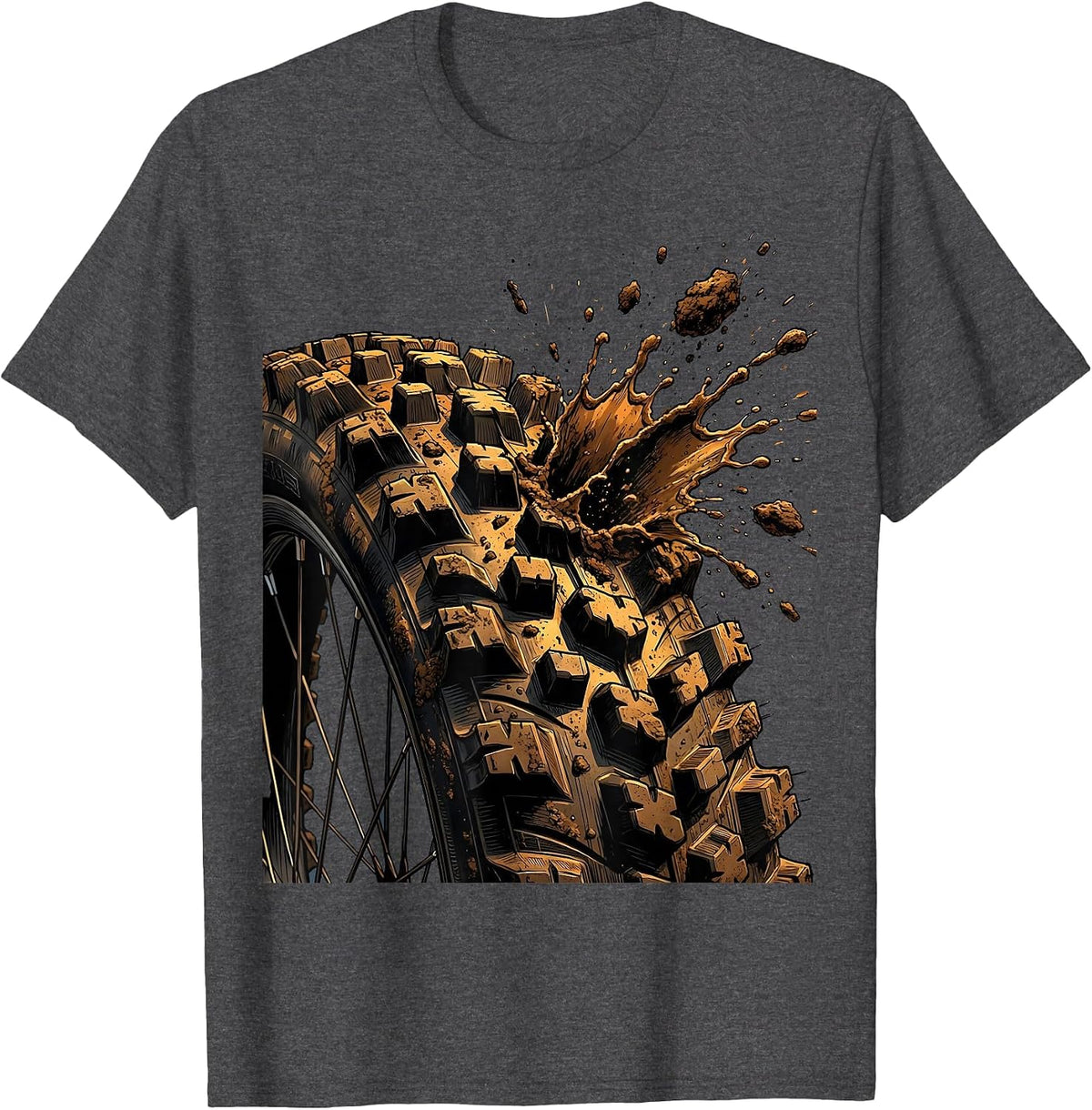 Mountain Bike Knobby Tire Mud Spray Graphic T-Shirt - Dark Heather Grey