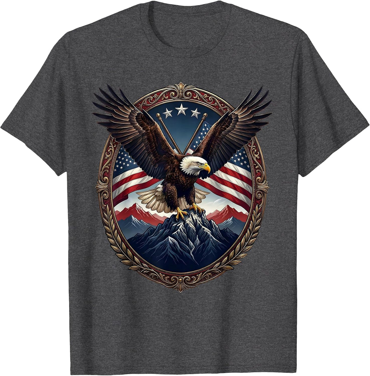 Red White and Blue Layered Mountain Landscape T-Shirt - Dark Heather Grey