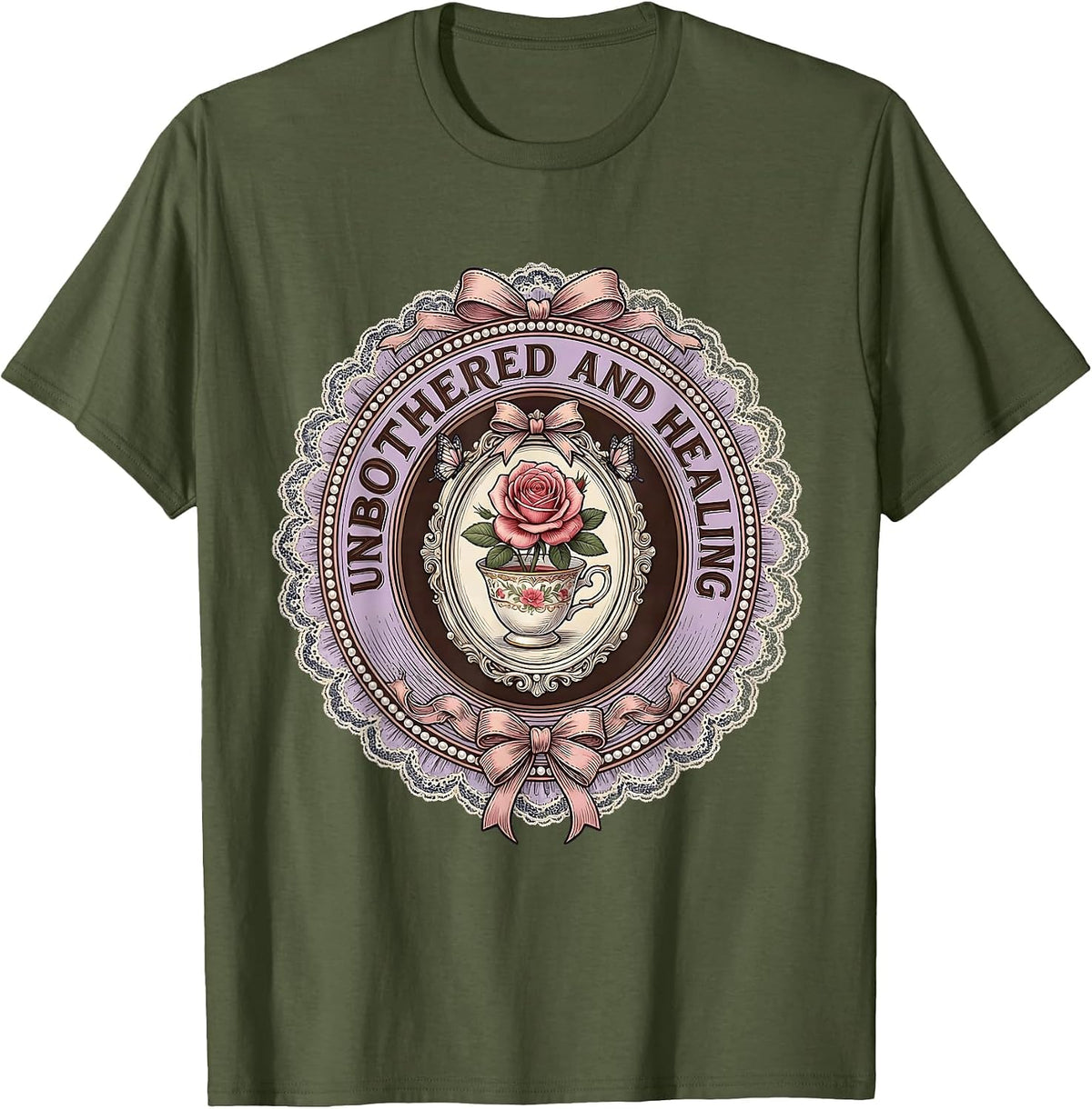 Unbothered and Healing Mental Health Matters Design T-Shirt - Olive Green
