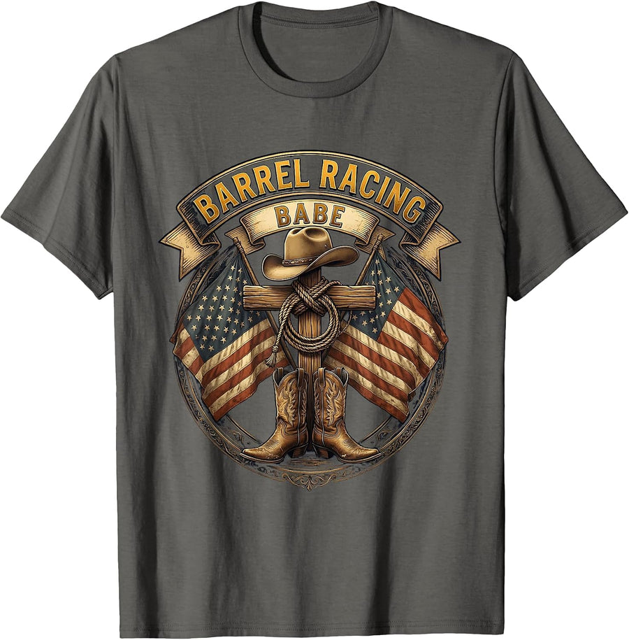 Barrel Racing Babe White Cowgirl Design T-Shirt - Asphalt Grey