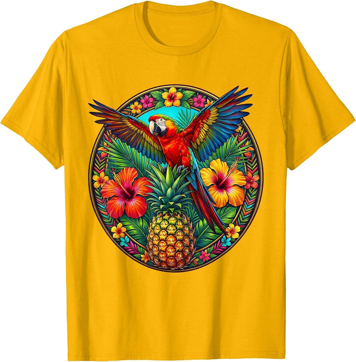 Tropical Parrot on Pineapple with Flowers T-Shirt - Golden Yellow