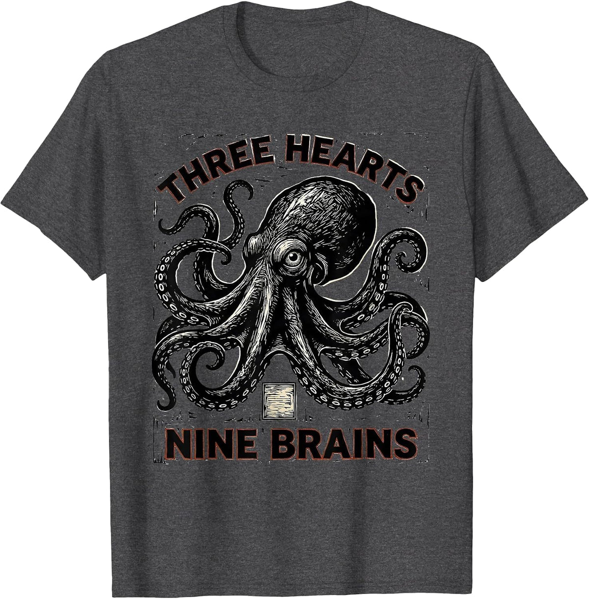 Three Hearts Nine Brains Linocut Octopus Ocean Lover Art T-Shirt - Dark Heather Grey