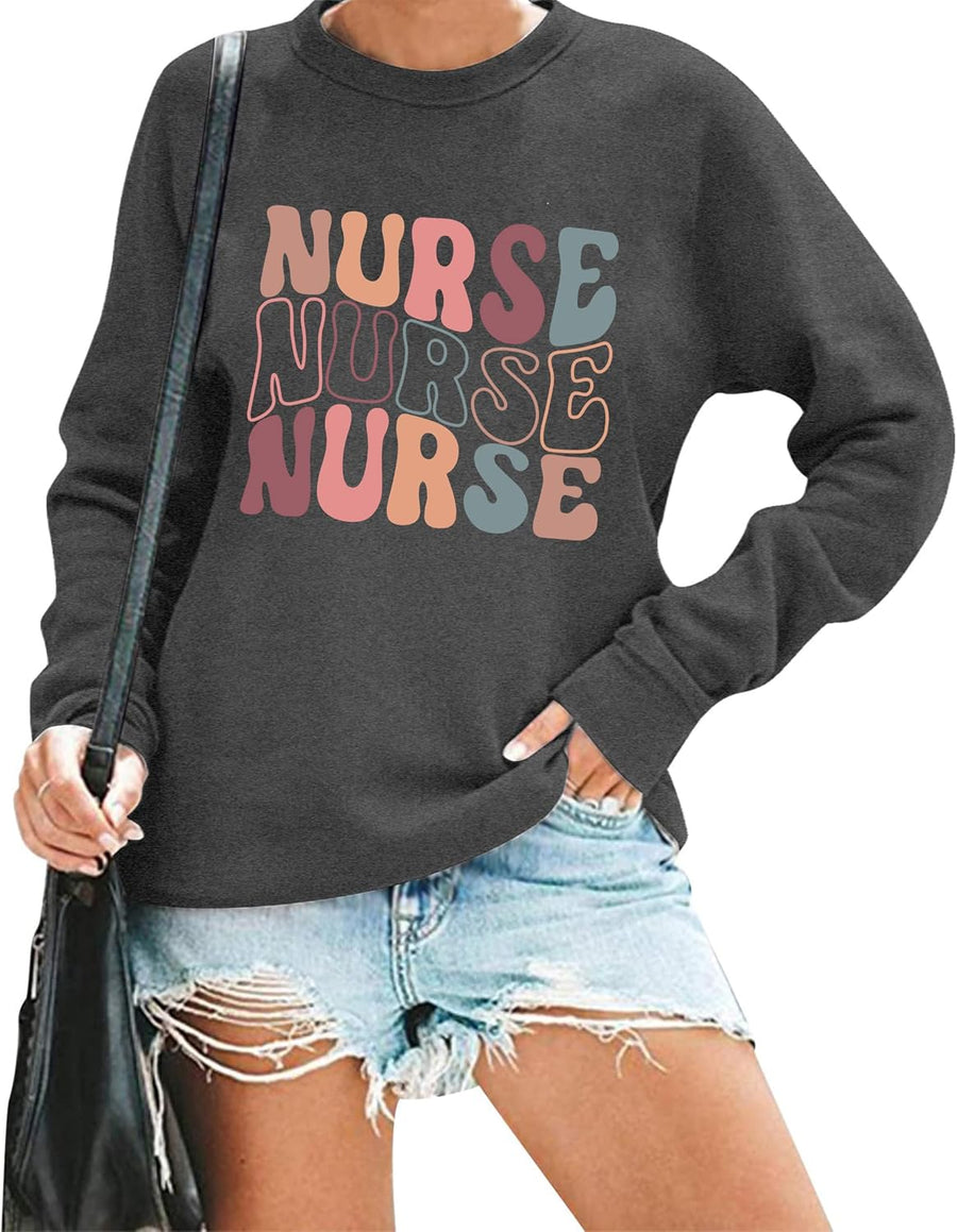 Women Registered Nurse Sweatshirt Nursing Life Crewneck Pullover Shirts Tops Long Sleeve Tee Student Gifts - Gray