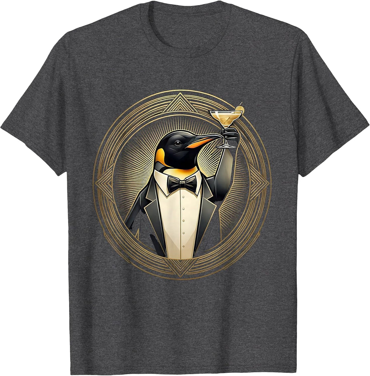 Men's Dapper Penguin Tuxedo Cocktail Party Graphic T-Shirt - Dark Heather Grey