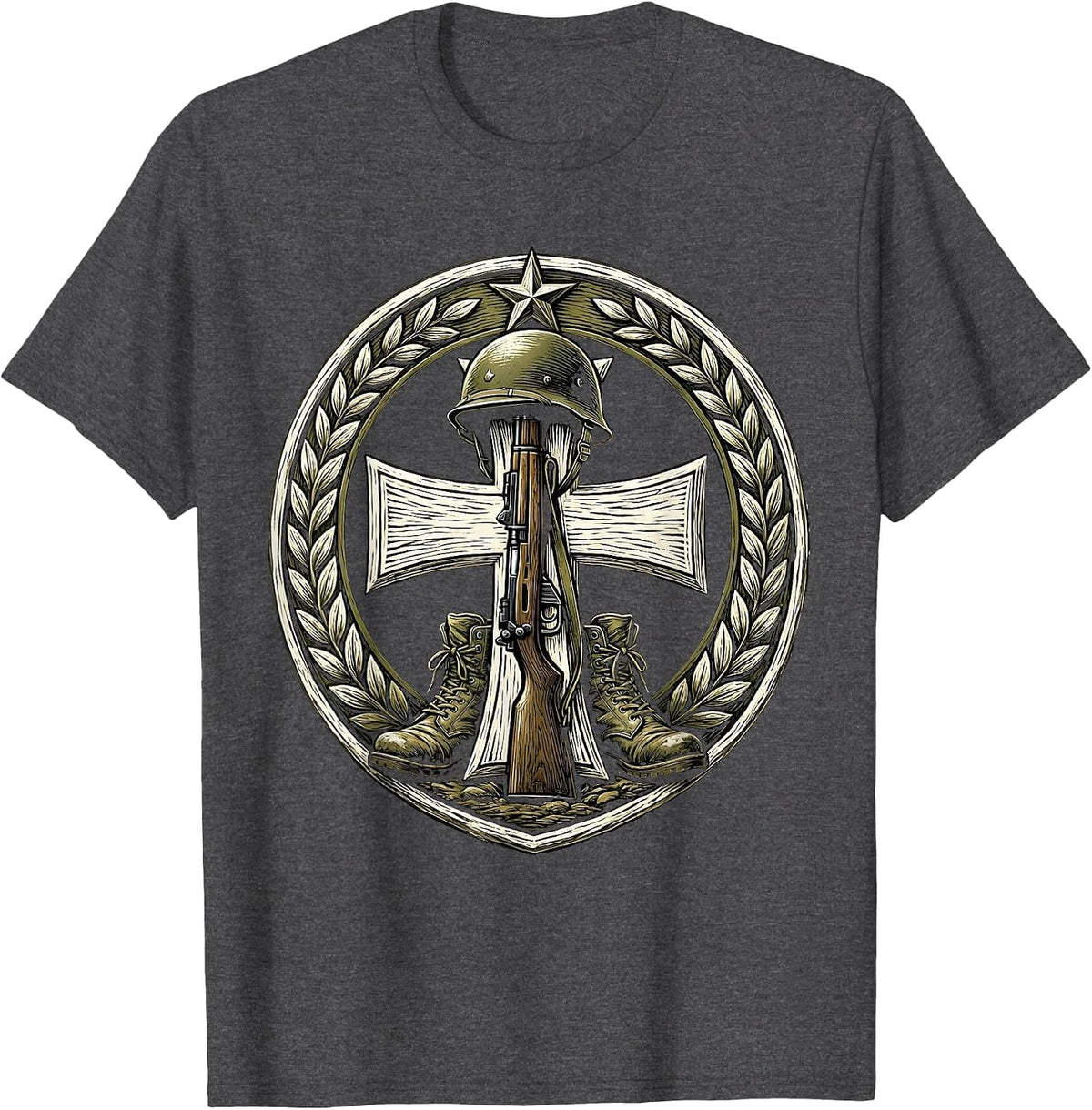 Proud Army Mom Soldier Helmet Memorial Graphic T-Shirt - Dark Heather Grey