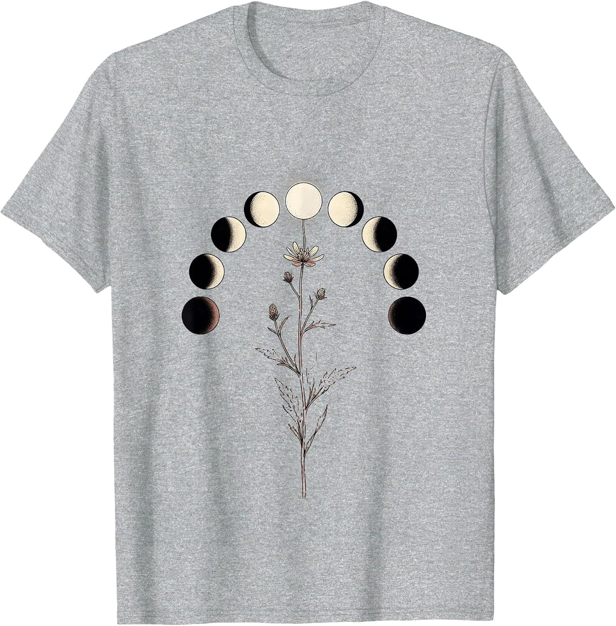 Men's Moon Phase Wildflower Boho Celestial Astrology T-Shirt - Heather Grey