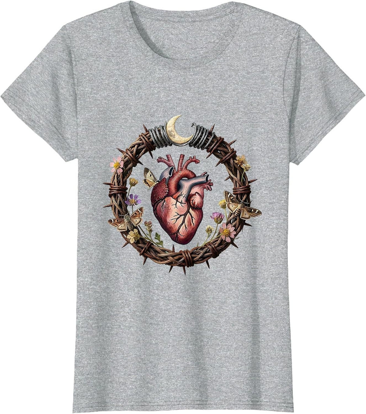 Gothic Barbed Wire Stitched Heart Dark Art Design T-Shirt - Heather Grey