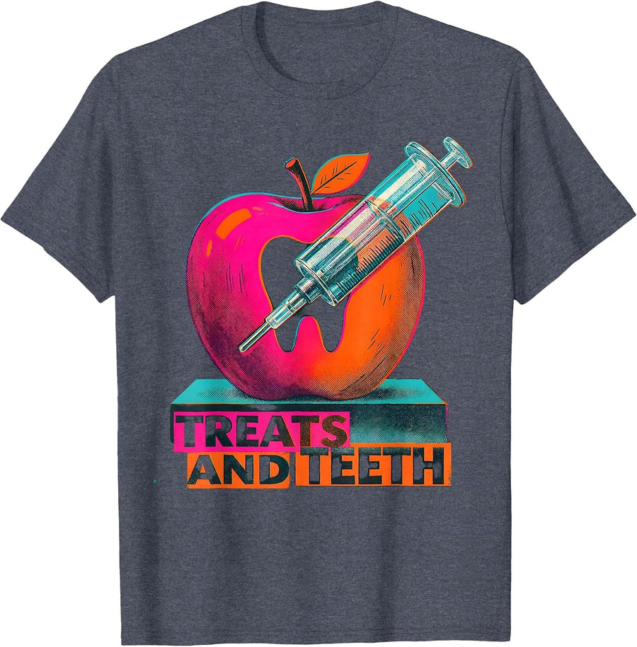 Treats And Teeth Risograph Dental Hygienist Halloween Humor T-Shirt - Heather Blue