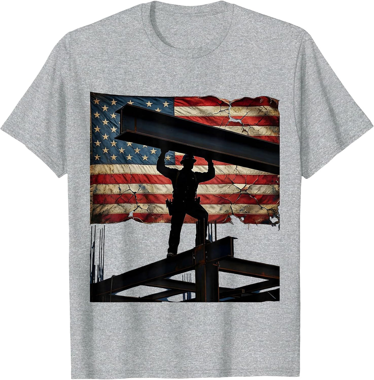 Men's Iron Worker Patriotic Construction Graphic Tee T-Shirt - Heather Grey