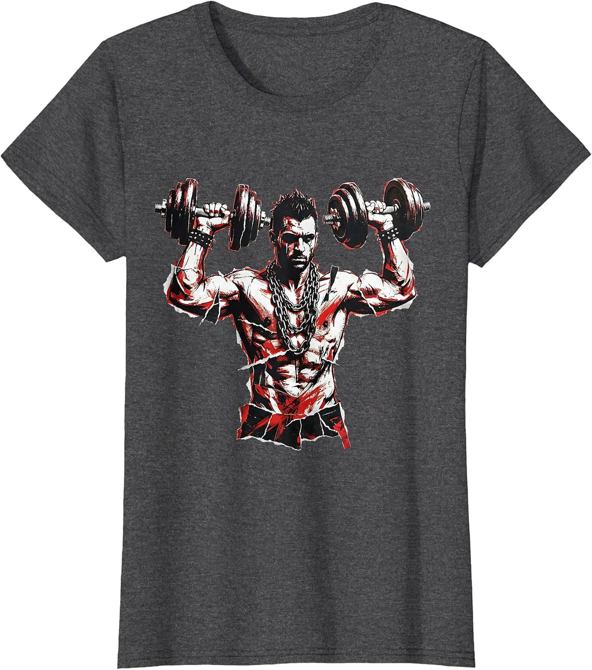 Women's 90s Gym Culture Dumbbell Chain Necklace Graphic T-Shirt - Dark Heather Grey