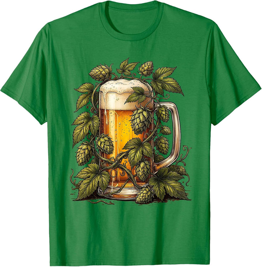 Men's Hop Vine Pint Glass Beer Lover Graphic Tee T-Shirt - Kelly Green
