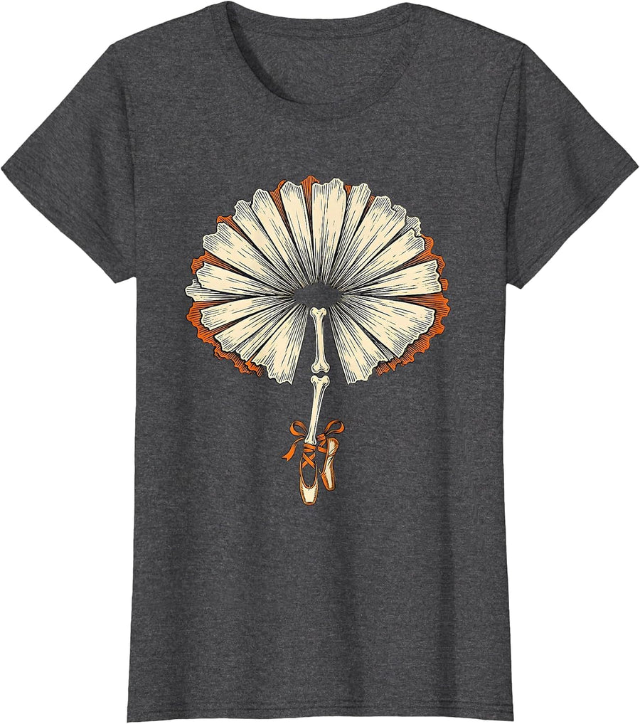 Women's Fan-Shaped Tutu Skeleton Halloween Ballerina Humor T-Shirt - Dark Heather Grey