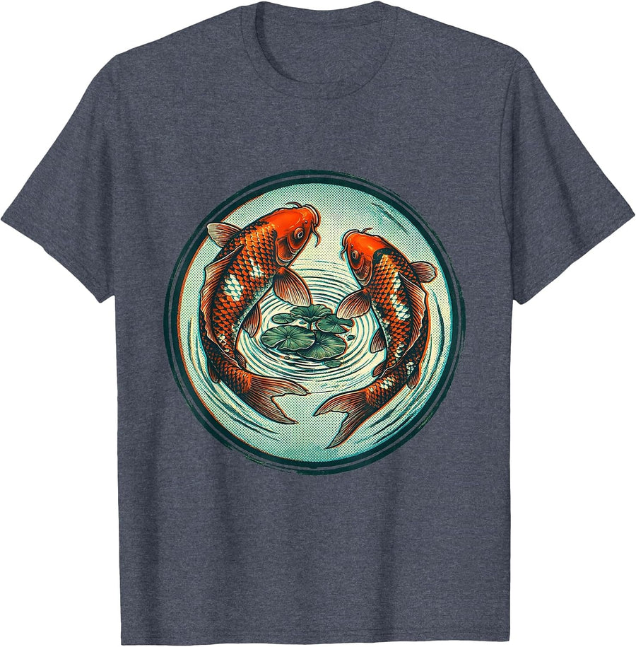 Polka Dot Koi Fish Pond Illustration T-Shirt - Heather Blue