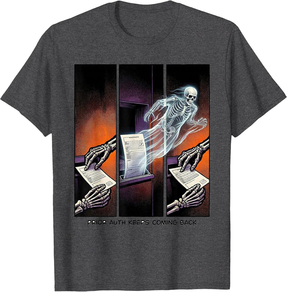 Men's Prior Auth Keeps Coming Back Funny Pharmacy Tech Halloween T-Shirt - Dark Heather Grey