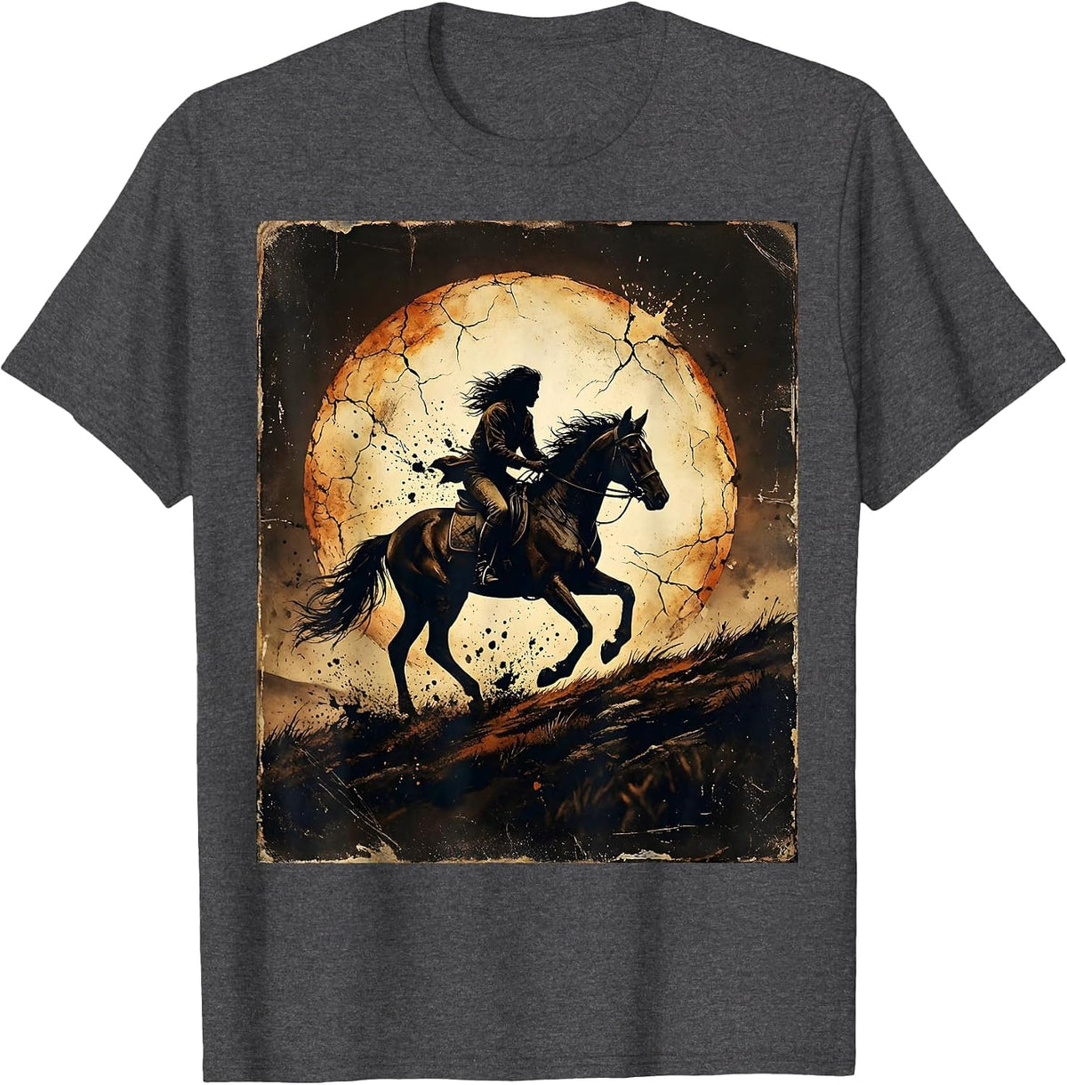Equestrian Rider Silhouette Sunset Hillside Graphic T-Shirt - Dark Heather Grey