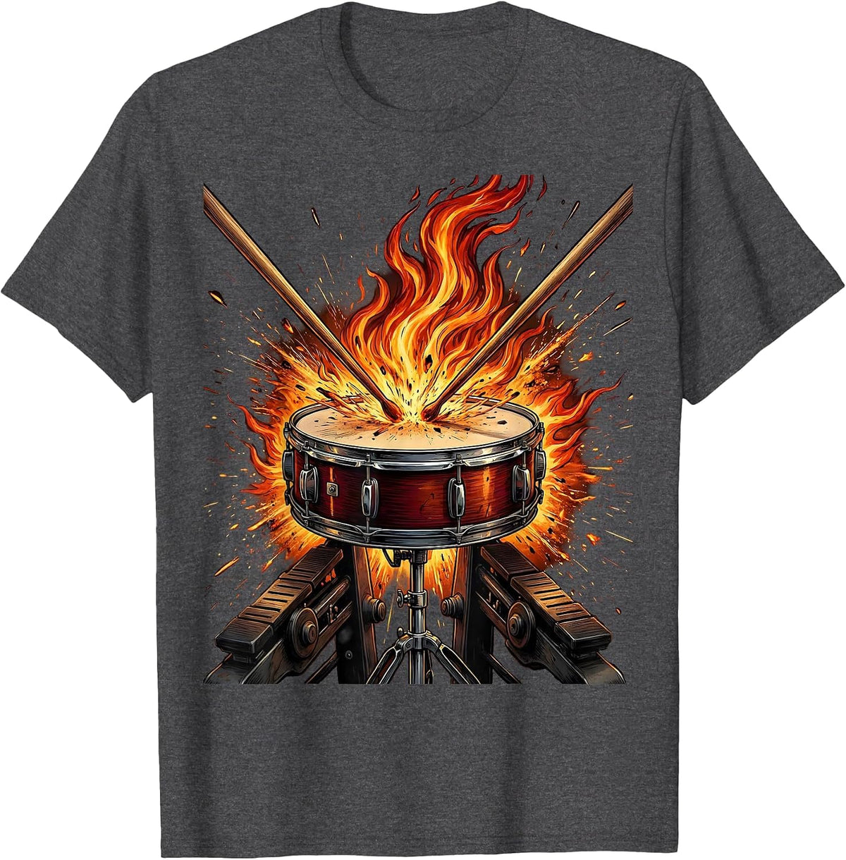 Men's Double Bass Drum Pedal Fire Splash Drummer Art T-Shirt - Dark Heather Grey