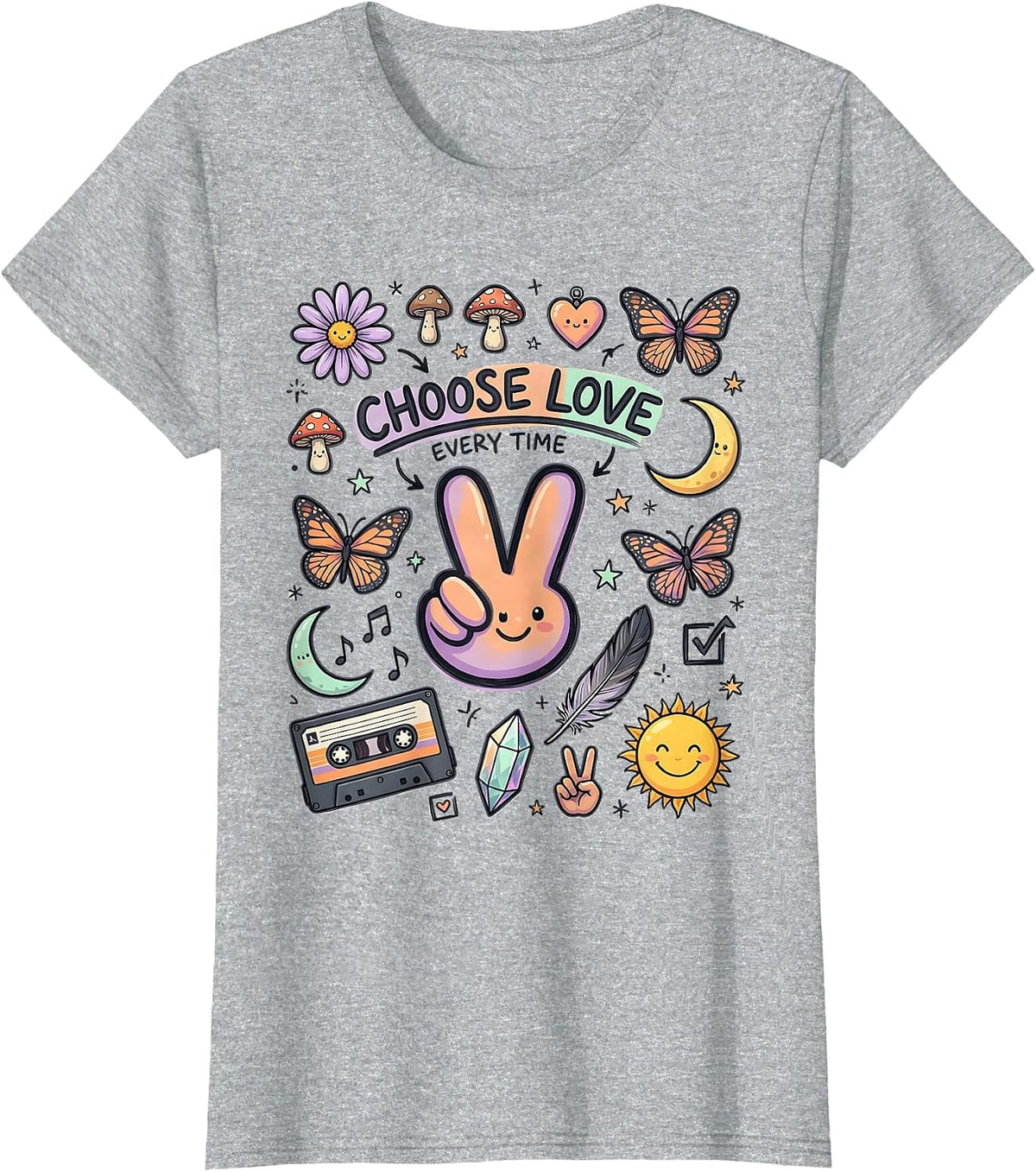 Women's Choose Love Every Time Hippie Boho Design T-Shirt - Heather Grey