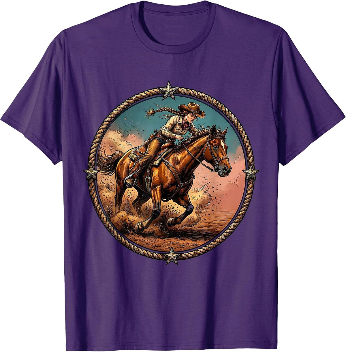 Barrel Racing Cowgirl With Braids Illustration T-Shirt - Purple
