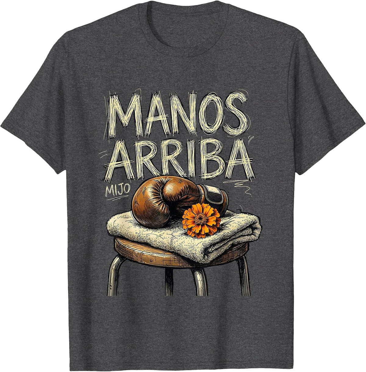Manos Arriba Mijo Hand-Sketched Día de los Muertos Boxing T-Shirt - Dark Heather Grey