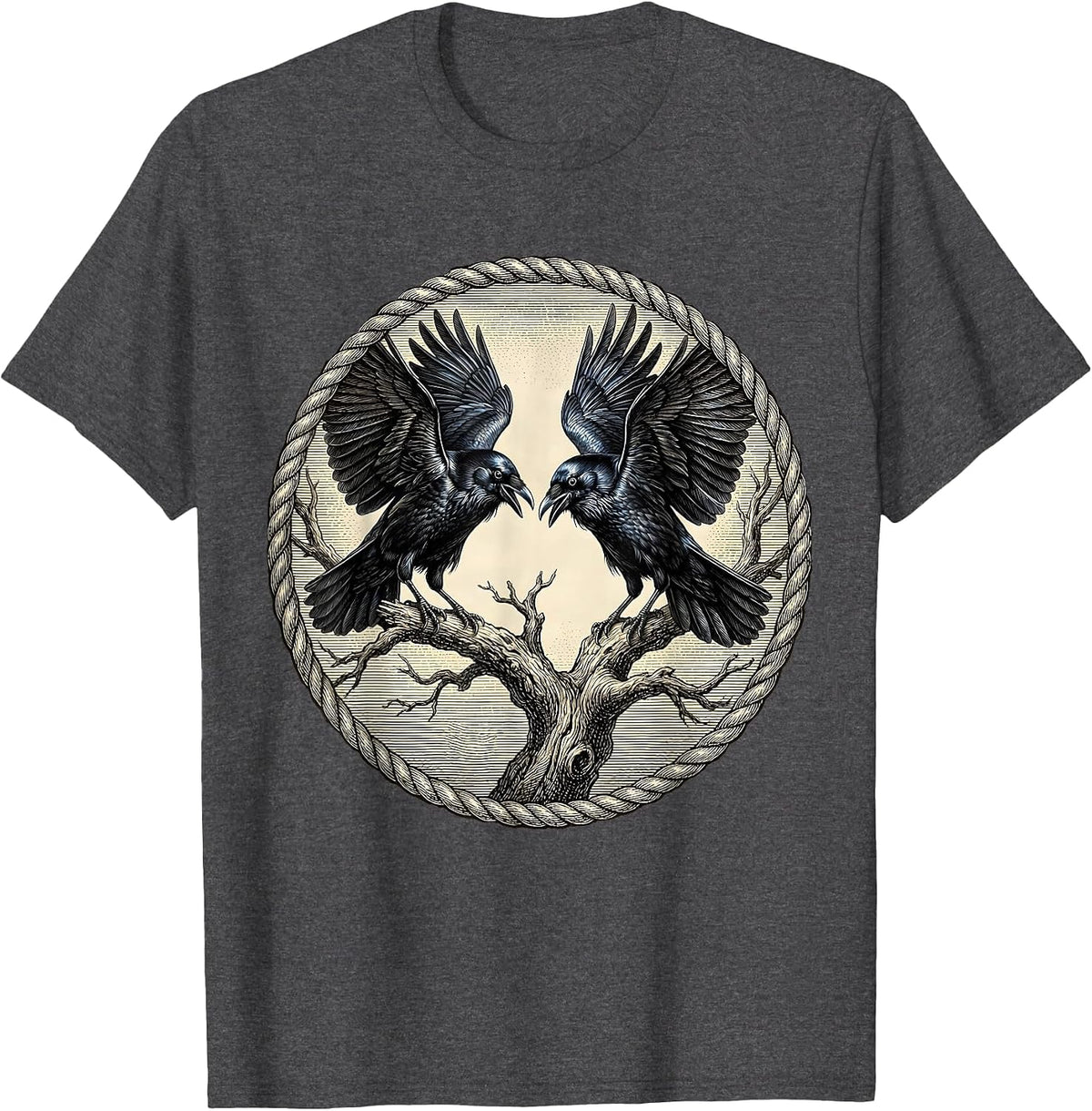 Men's Two Crows Facing Off on Dead Branch Illustration T-Shirt - Dark Heather Grey