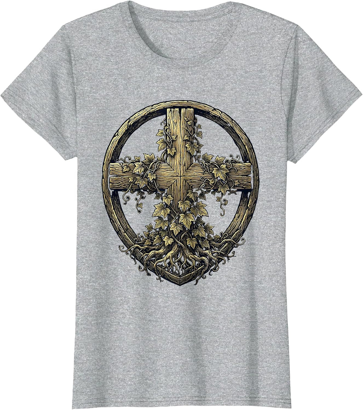 Rugged Cross with Climbing Ivy Vines Christian Design T-Shirt - Heather Grey