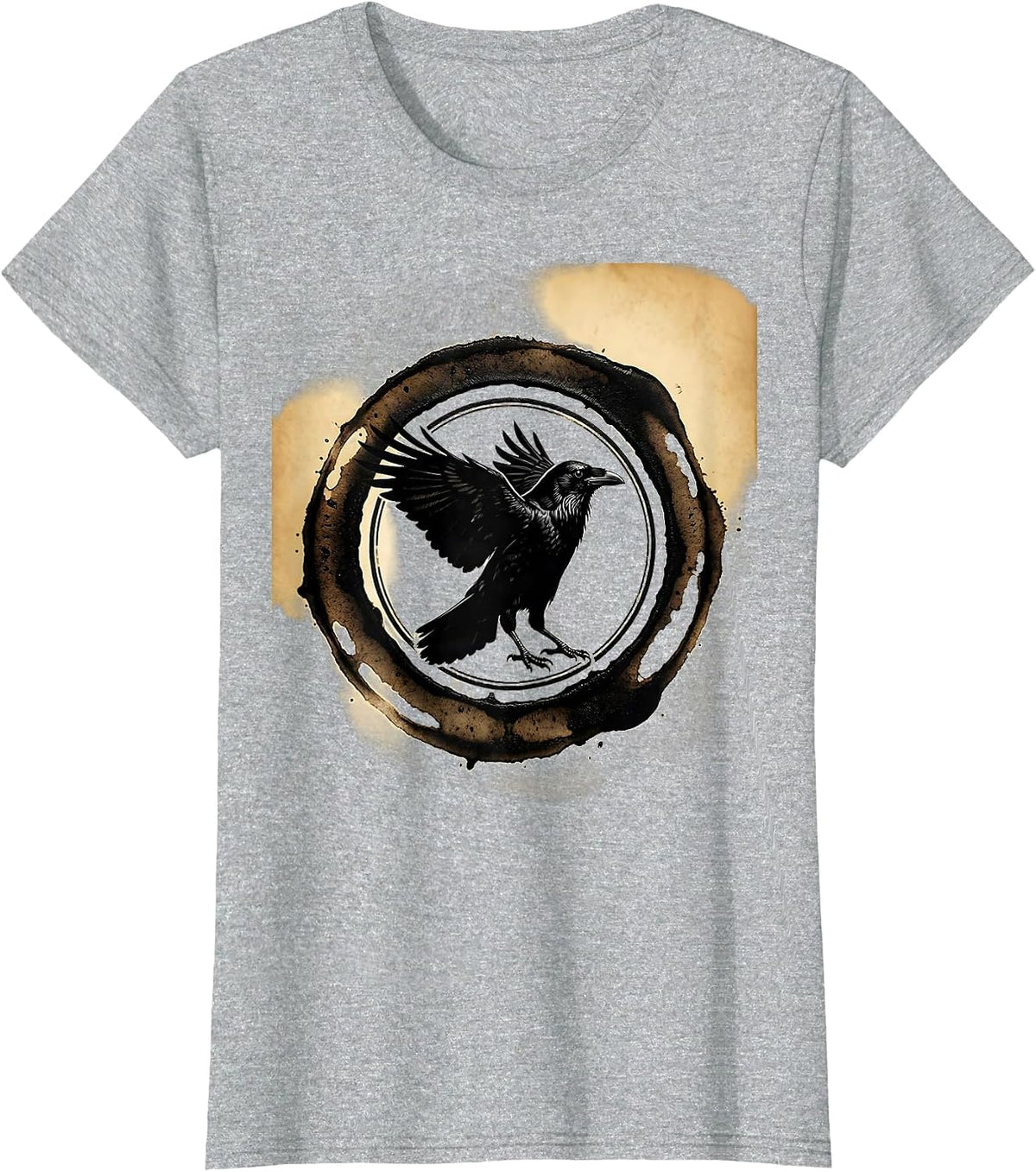 Crow Silhouette Coffee Ring Stain Graphic T-Shirt - Heather Grey