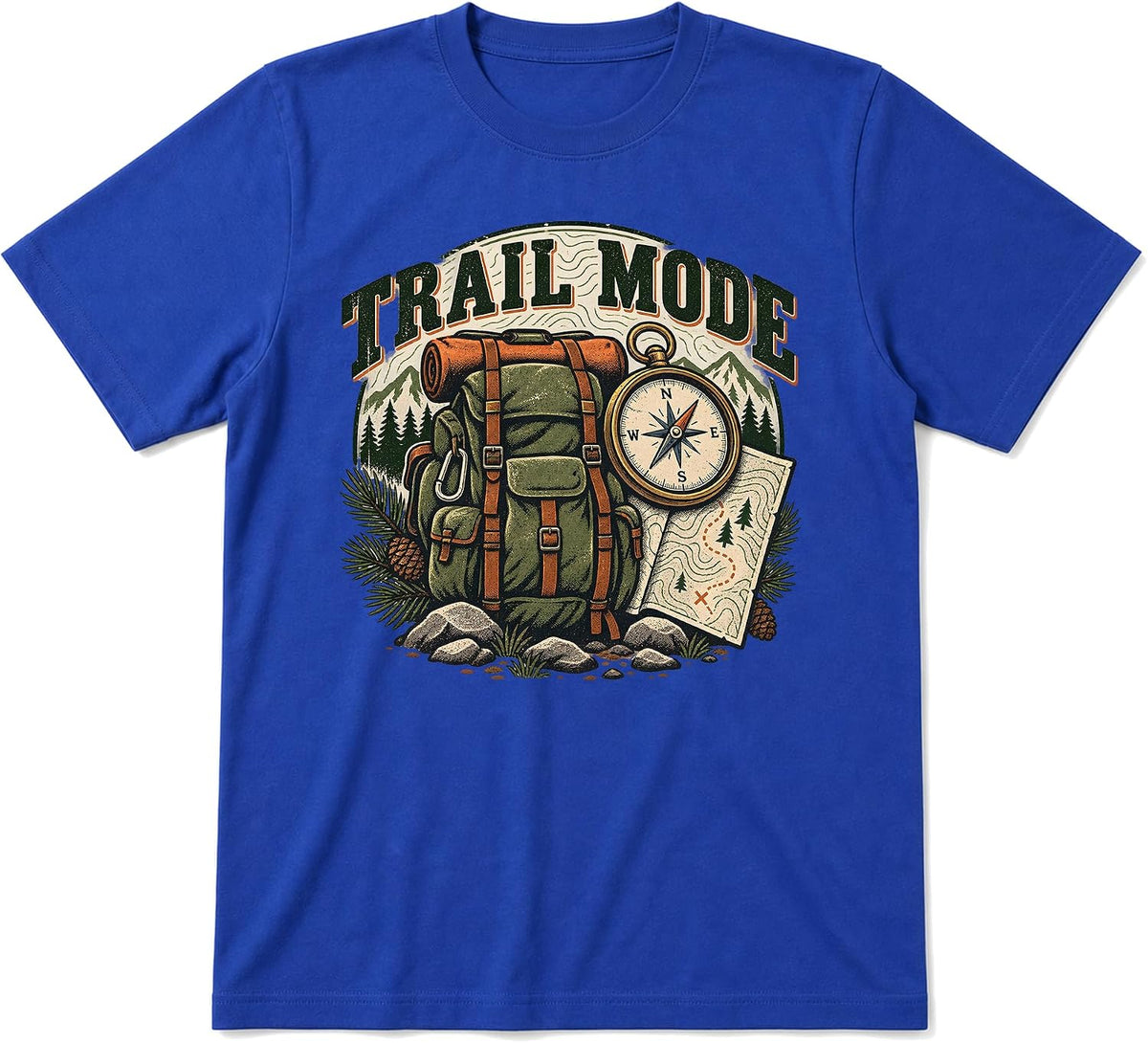 Camping T-Shirt, Hiking Backpack and Compass Graphic - Royal Blue