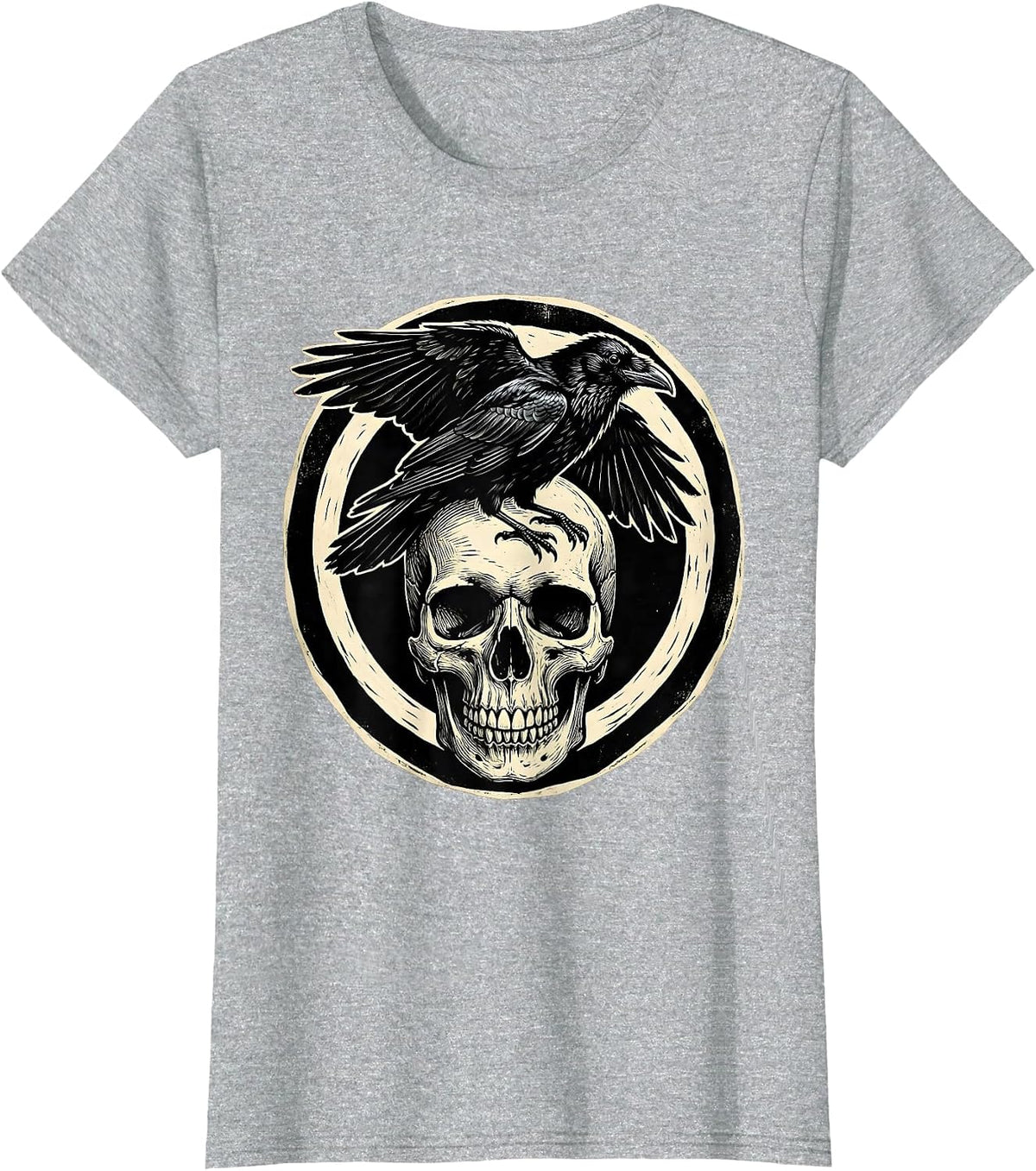 Crow Perched on Skull Gothic Dark Art Design T-Shirt - Heather Grey