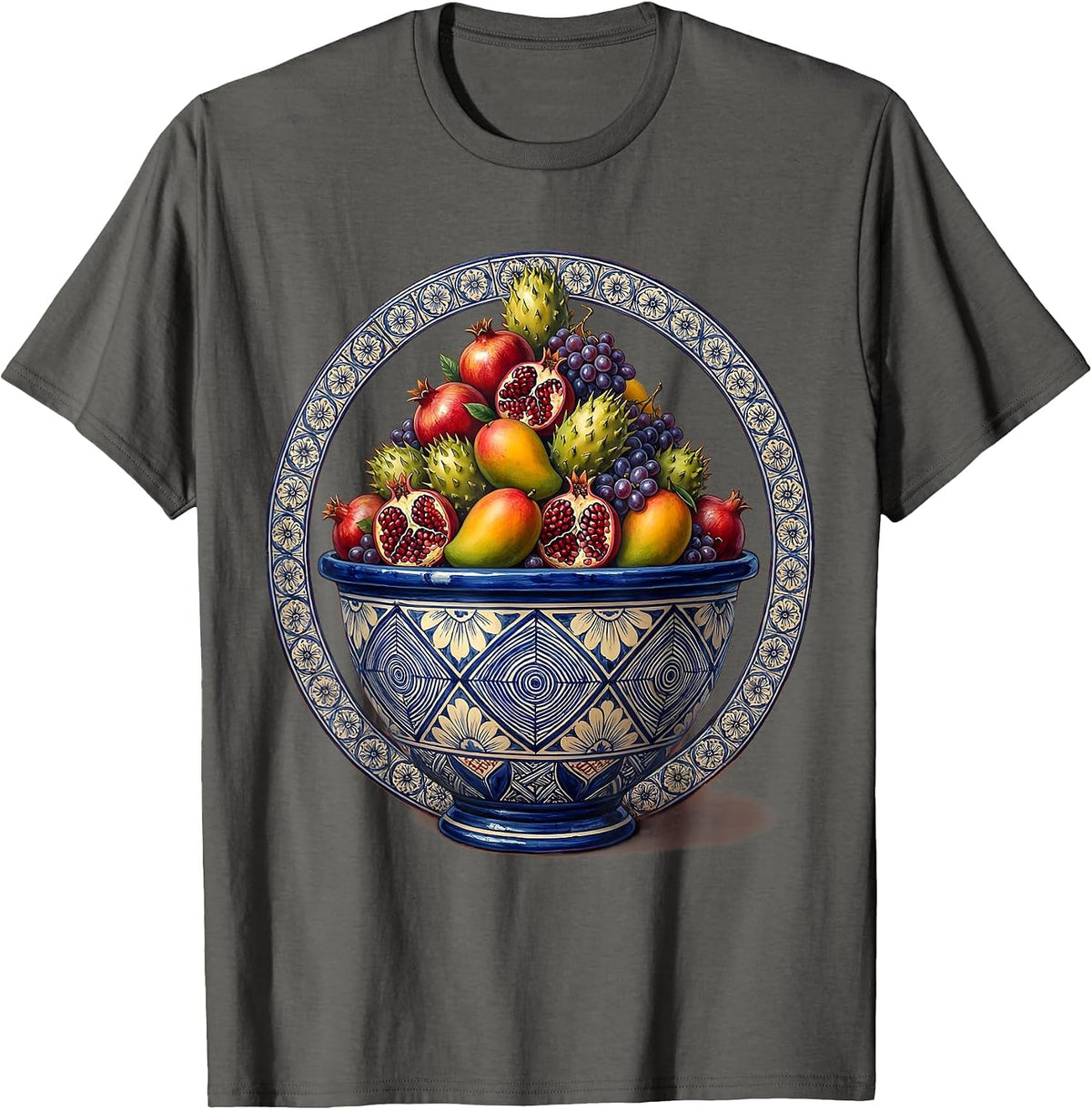Mexican Talavera Pottery Bowl Overflowing With Fruit T-Shirt - Asphalt Grey