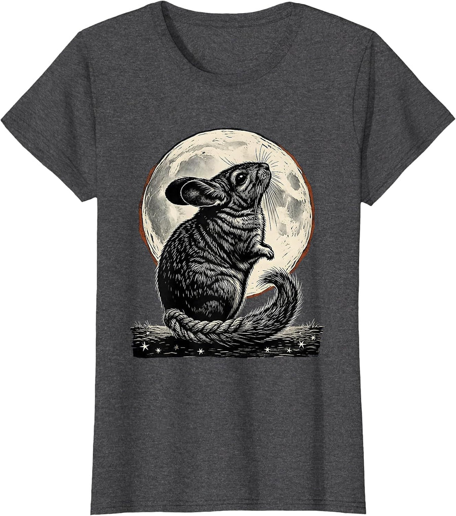 Women's Chinchilla Howling Moon Linocut Funny Pet Lover T-Shirt - Dark Heather Grey