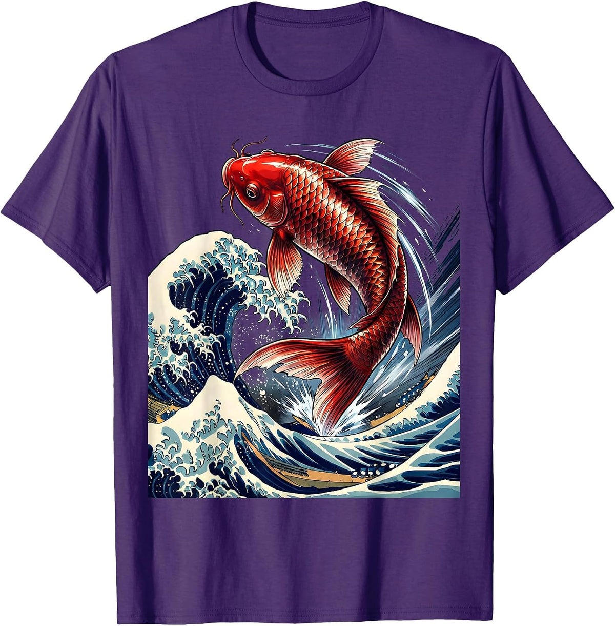 Men's Koi Fish Leaping Through Crashing Wave Art T-Shirt - Purple