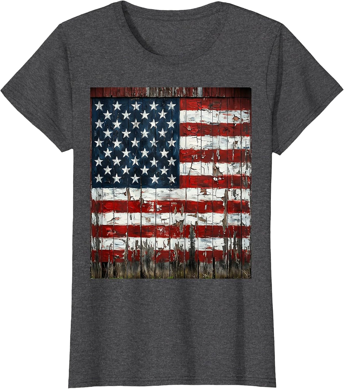 Women's USA Flag Weathered Barn Rustic Patriotic Design T-Shirt - Dark Heather Grey