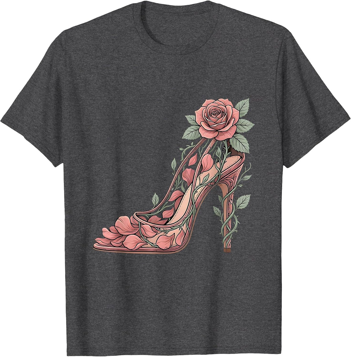 Men's Gigi High Heel Shoe Blooming Roses Floral Art T-Shirt - Dark Heather Grey