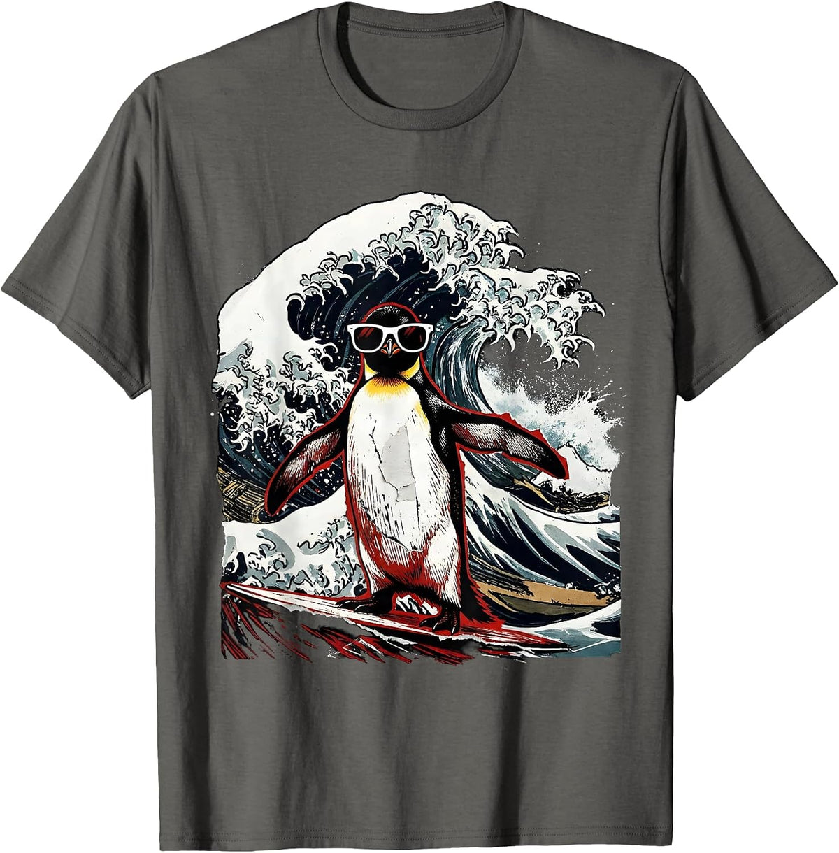 Men's Cool Penguin Surfer Riding Giant Wave Graphic T-Shirt - Asphalt Grey