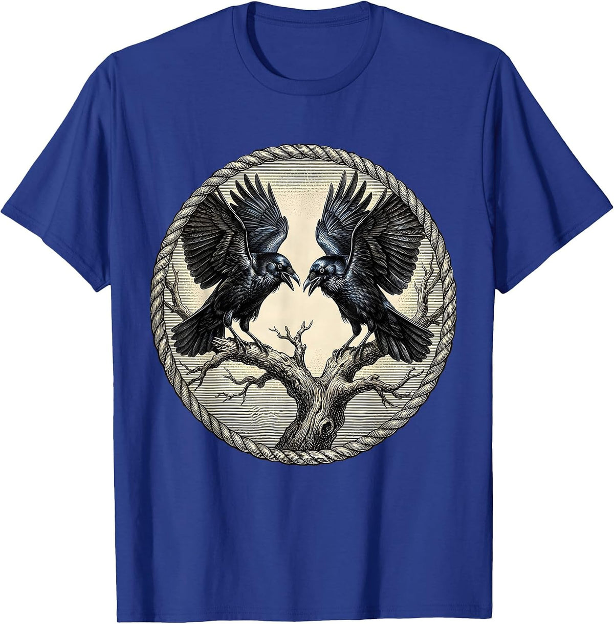 Men's Two Crows Facing Off on Dead Branch Illustration T-Shirt - Royal Blue