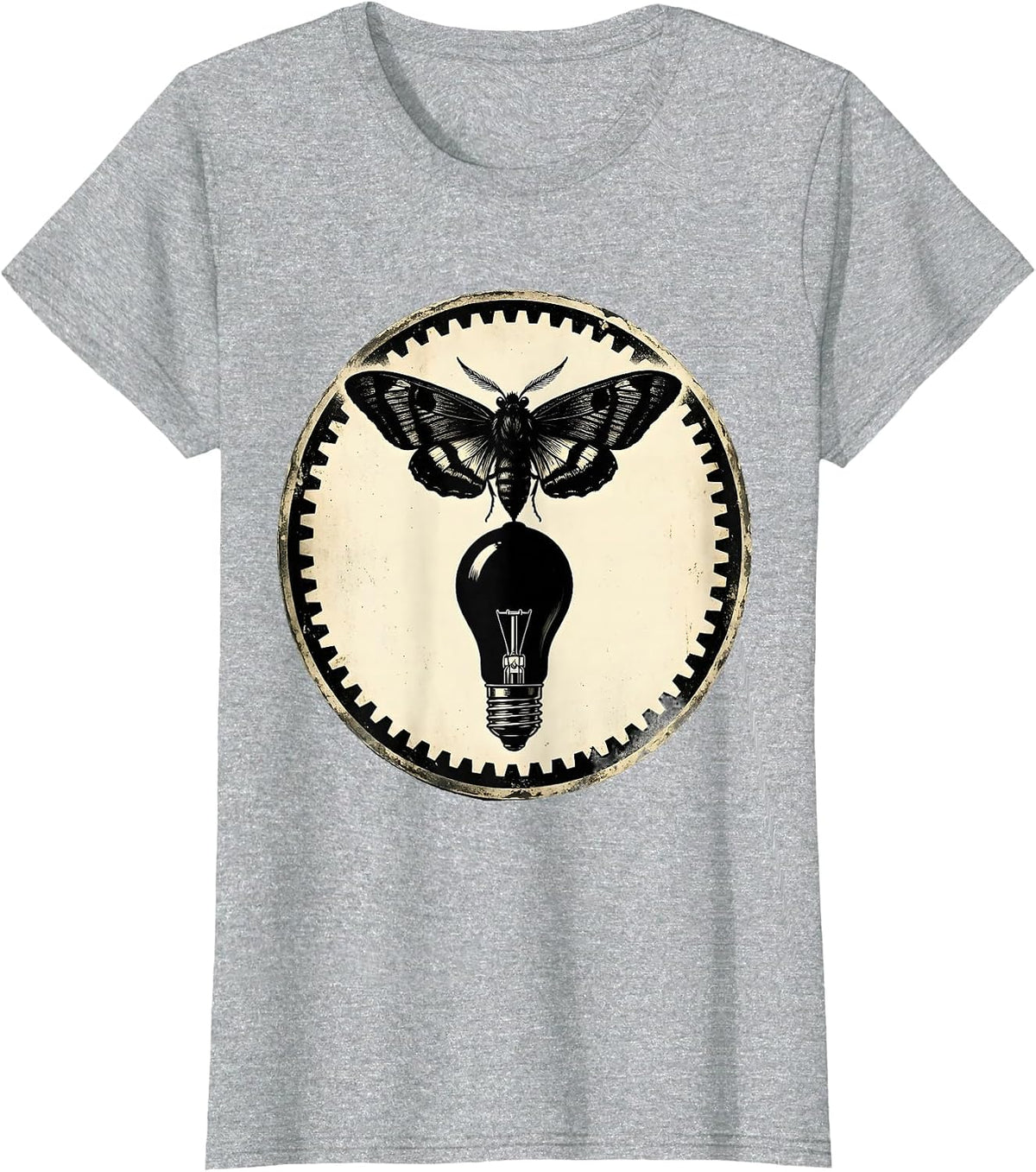 Vintage Rock Moth and Vacuum Tube Illustration T-Shirt - Heather Grey
