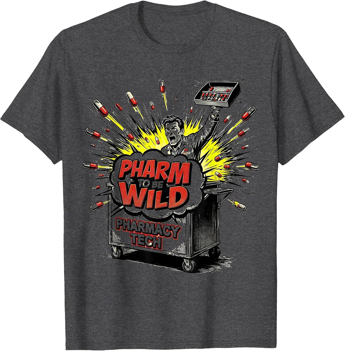 Men's Pharm To Be Wild Pharmacy Tech Comic Book Pun T-Shirt - Dark Heather Grey