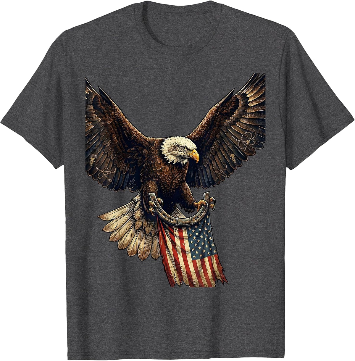 Bald Eagle Soaring Over American Flag T-Shirt - Dark Heather Grey