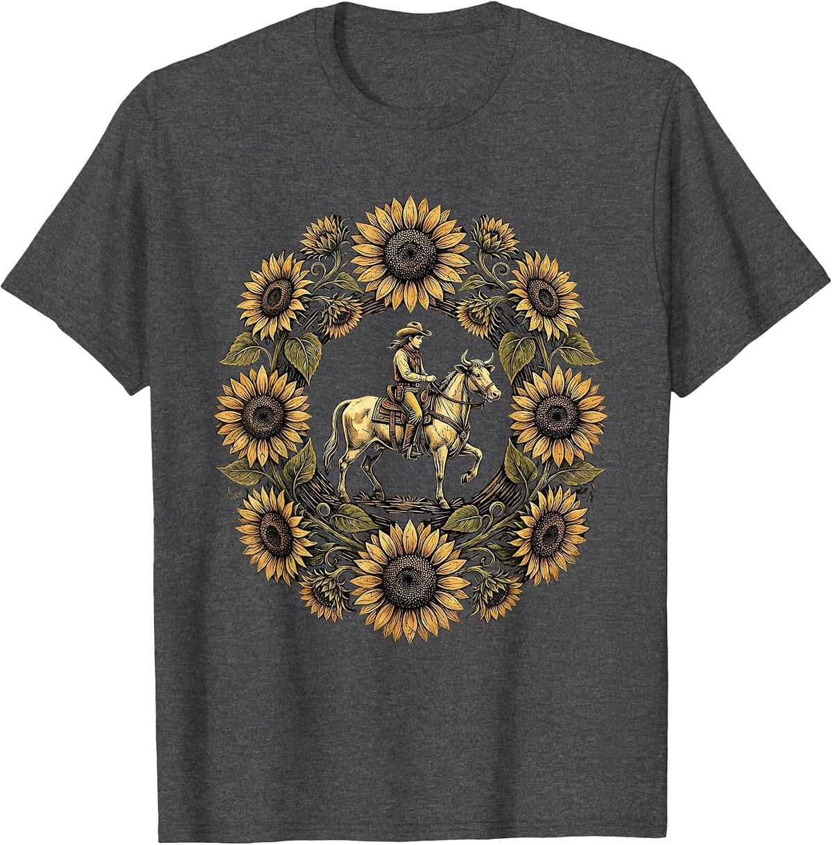 Cowgirl Riding Horse Through Sunflower Field T-Shirt - Dark Heather Grey