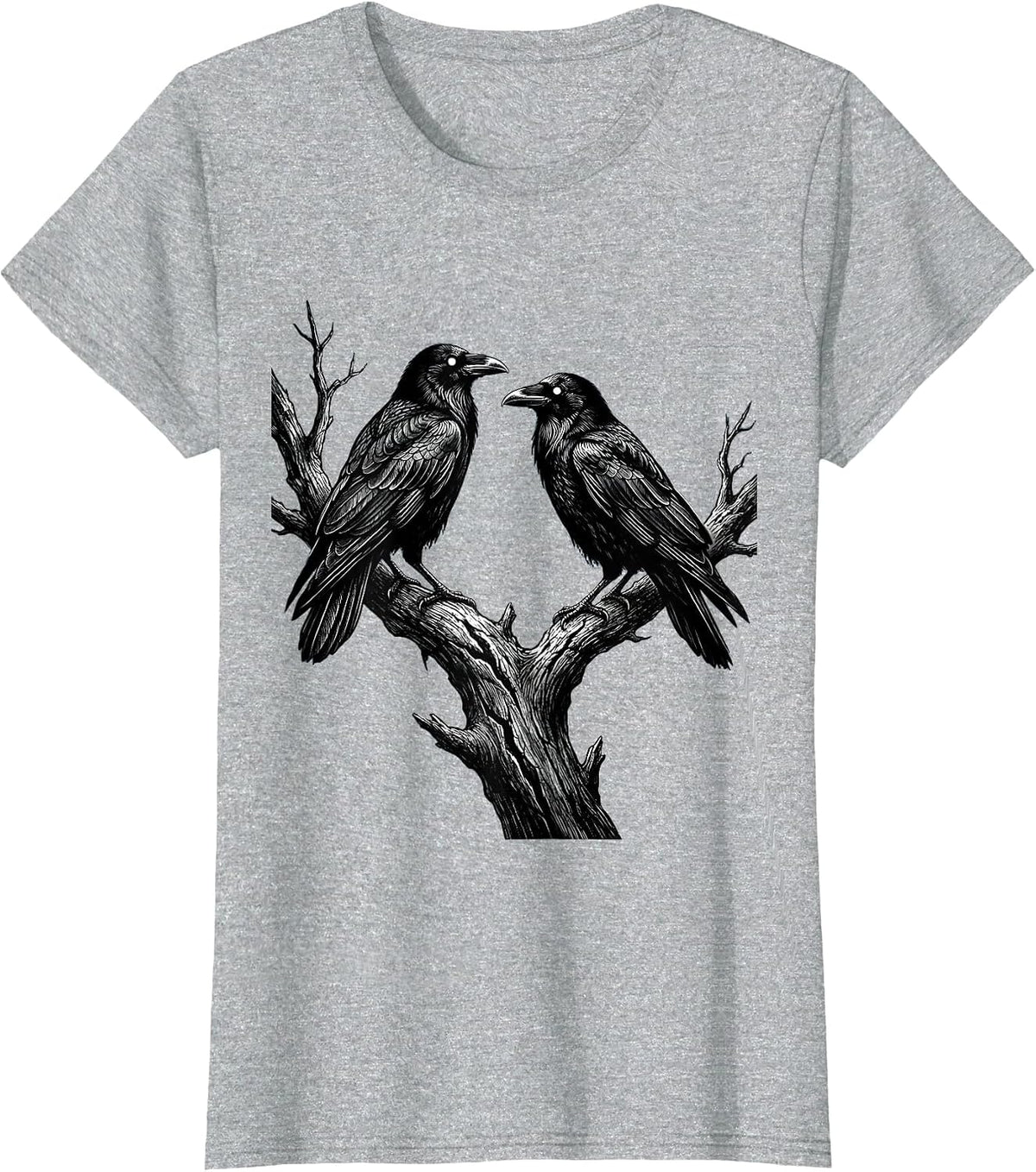 Two Crows Facing Off on a Dead Branch T-Shirt - Heather Grey
