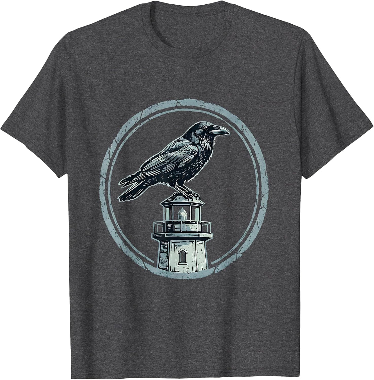 Men's Crow Perched on Old Lighthouse Illustration T-Shirt - Dark Heather Grey