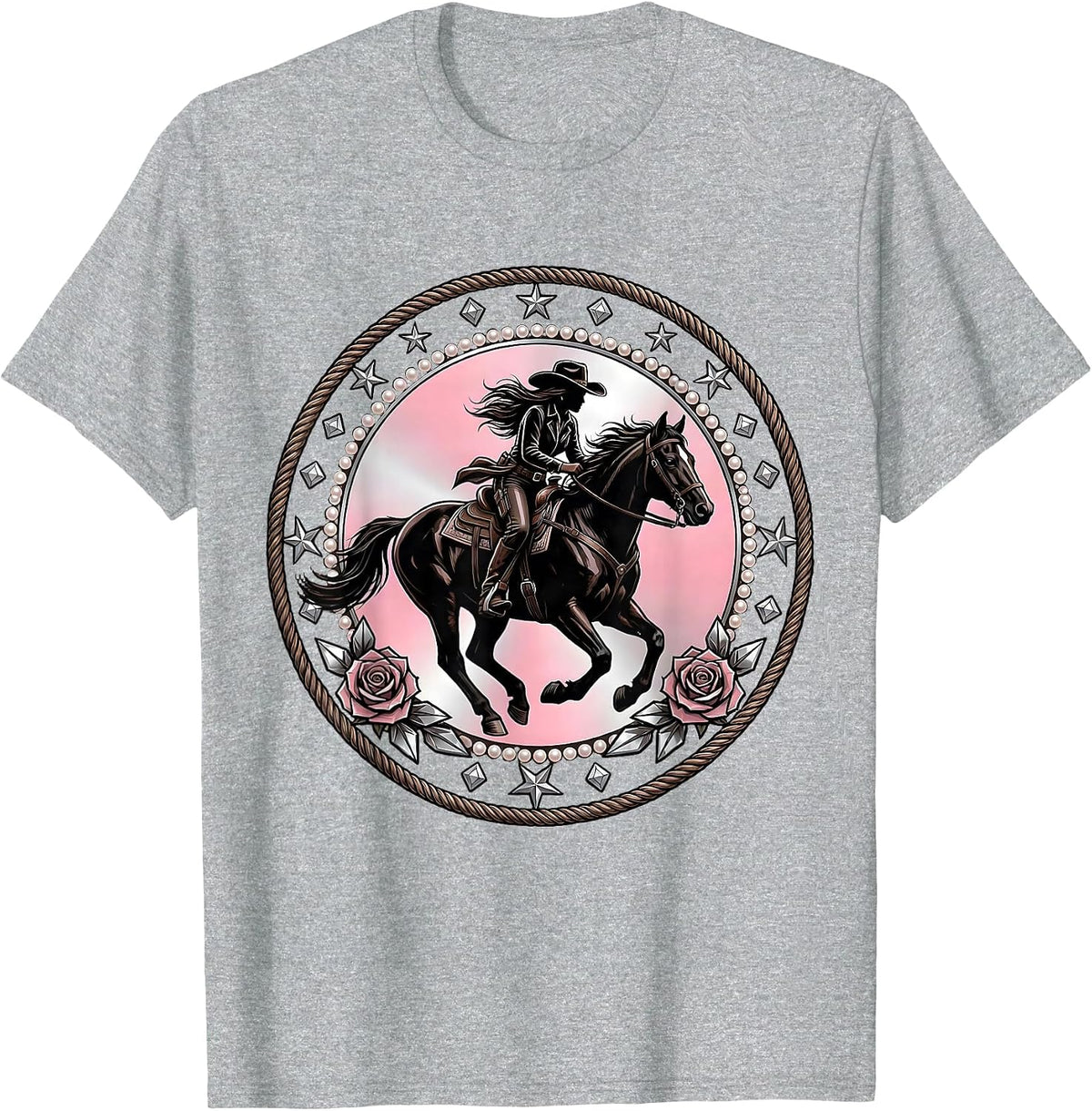Men's Cowgirl Riding Horse Sunset Silhouette T-Shirt - Heather Grey