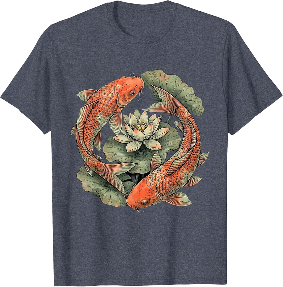 Koi Fish Lily Pad Pond Hawaiian Design T-Shirt - Heather Blue