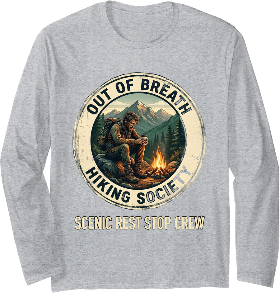 Out Of Breath Hiking Society Scenic Rest Stop Crew Long Sleeve T-Shirt - Adult Unisex Heather Grey