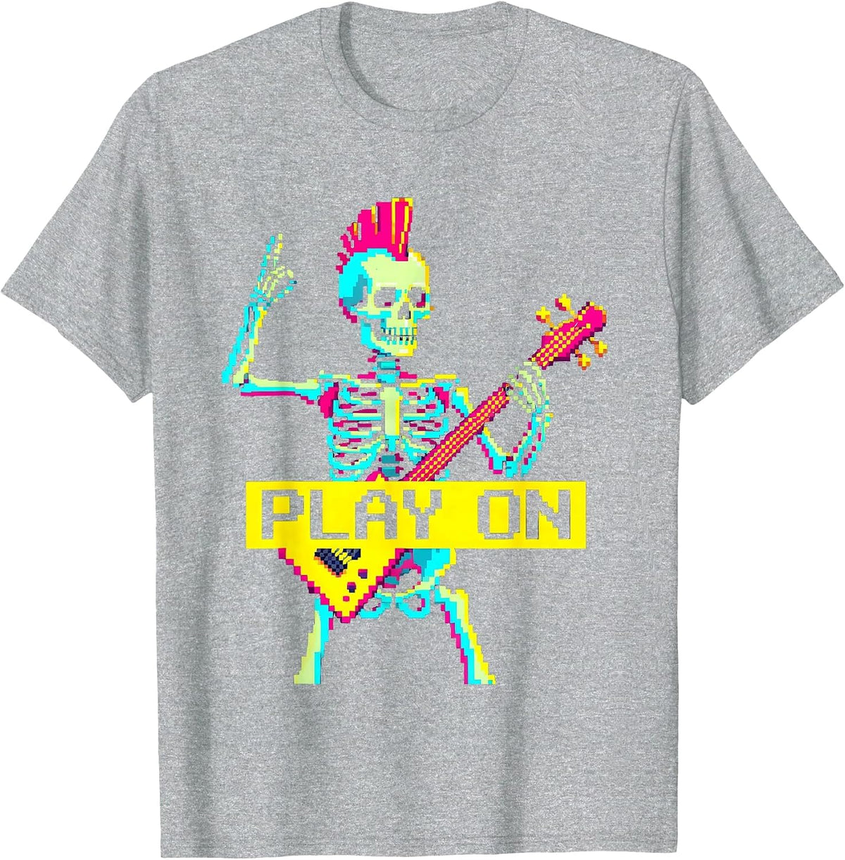 Men's Play On Pixel Art Punk Rock Skeleton Skull Halloween Music T-Shirt - Heather Grey