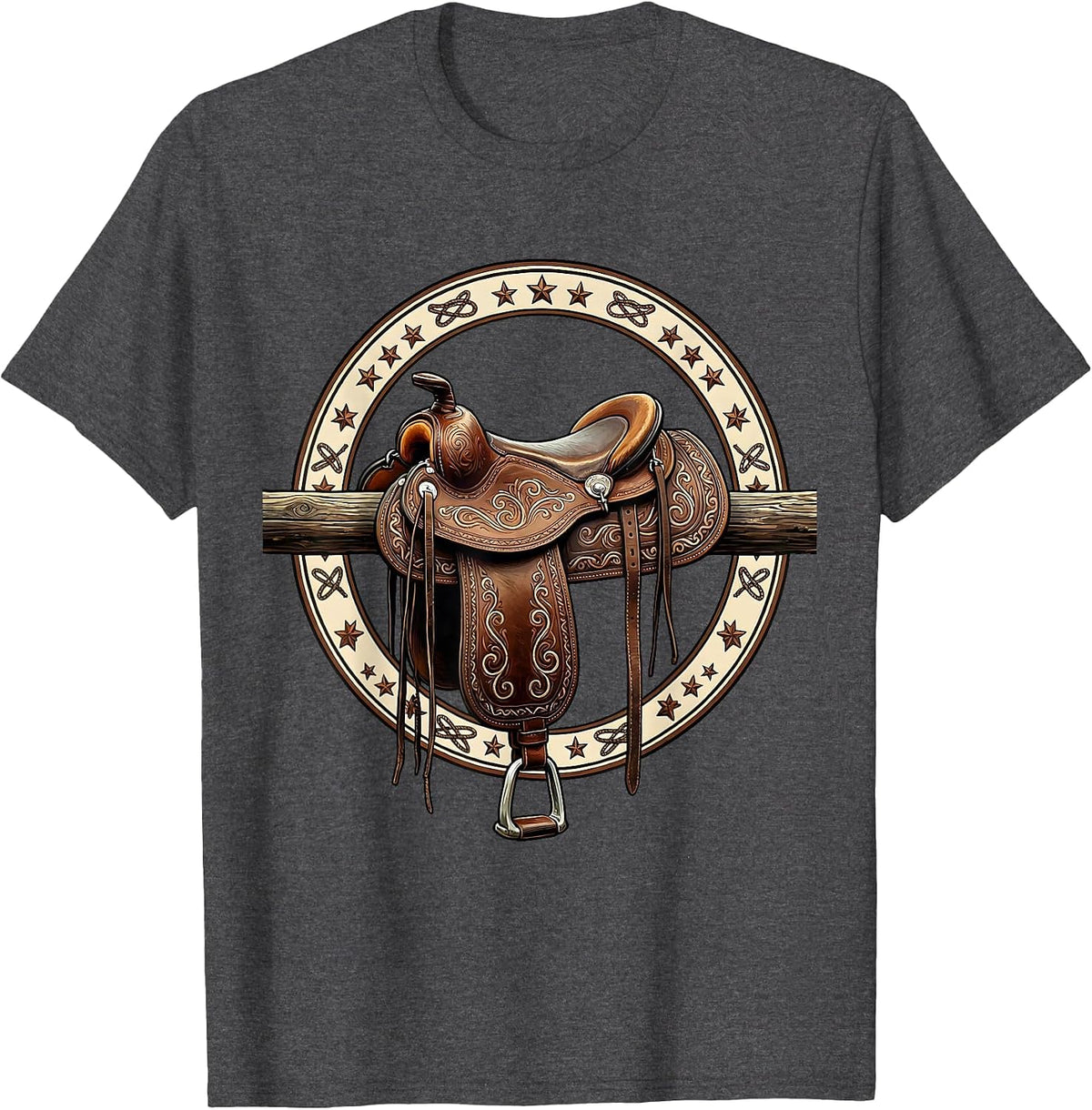 Saddle on Fence Rail Cowboy Western Graphic T-Shirt - Dark Heather Grey